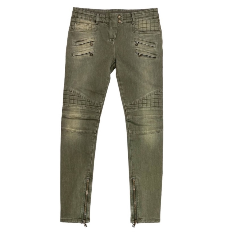 Balmain Authentic Green denim Moto classic skinny jeans size 40